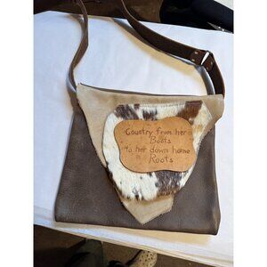Leather & Cowhide Shoulder Bag With Rustic Country Engraving On Flap For Western